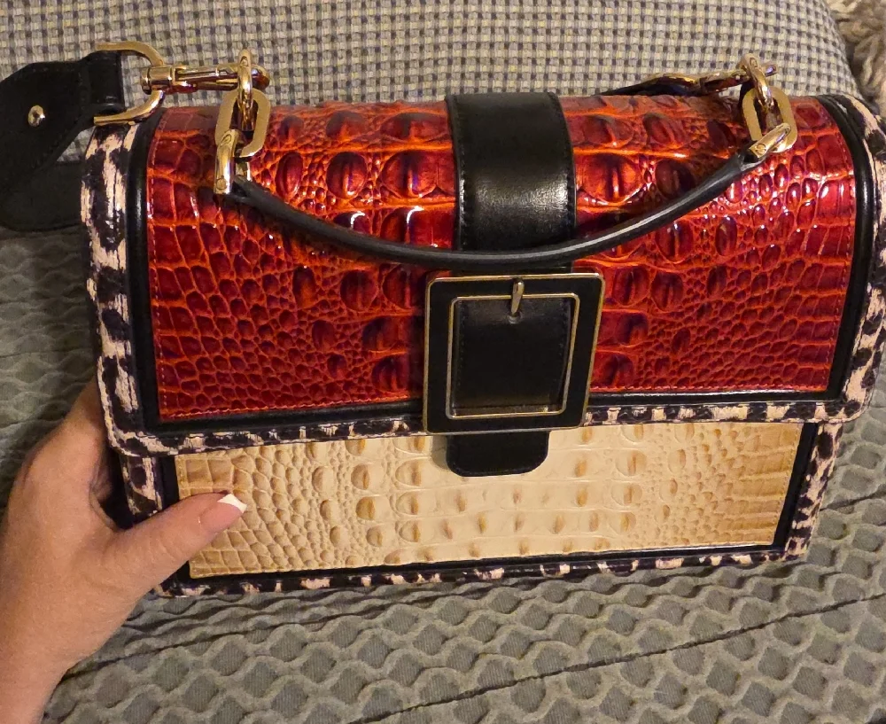 Brahmin Red and Cream Croc-Embossed Satchel - Picture 2 of 8